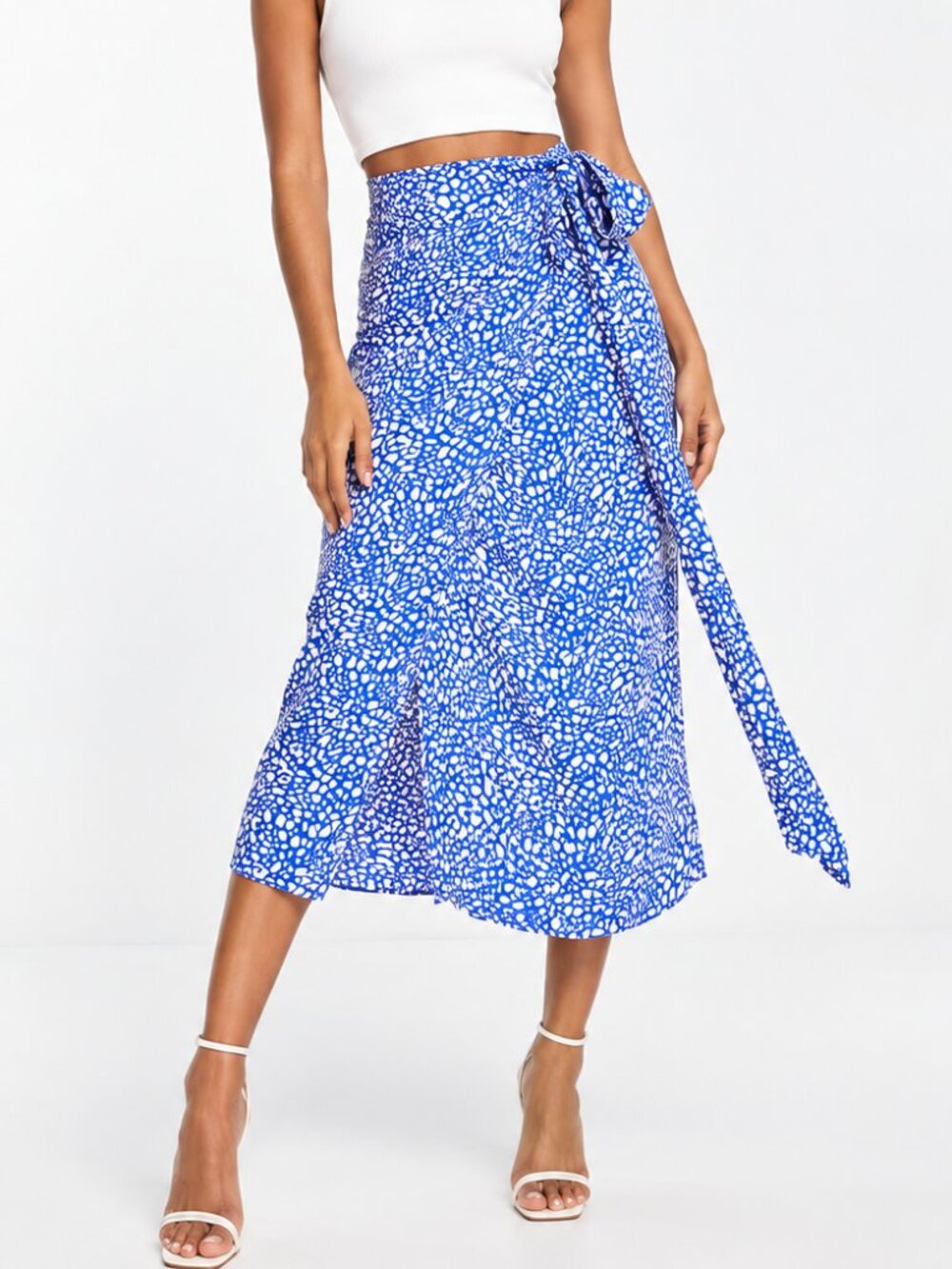 ASOS Style Cheat Cobalt Blue & White Leopard Print Wrap Tie Waist Midi Skirt